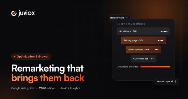 Google Ads remarketing guide cover showing your data segments: all visitors, pricing page visitors, form starters and customer list