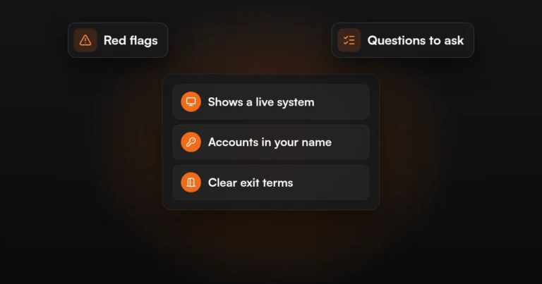 Signs of a legitimate AI automation agency: live system, accounts in your name, clear exit terms